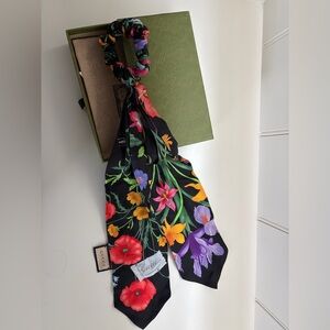 Gucci Black Silk Scarf with Vibrant Floral Design